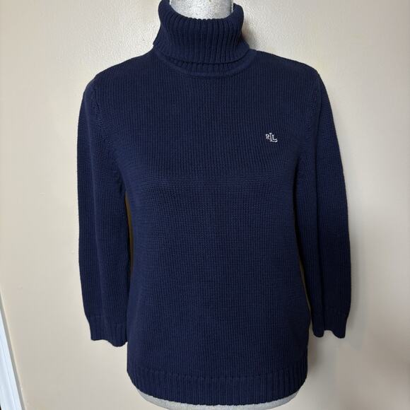 Ralph Lauren Women’s Navy Blue Cotton Turtleneck 3/4 Length Sleeves Sz L - Picture 1 of 11